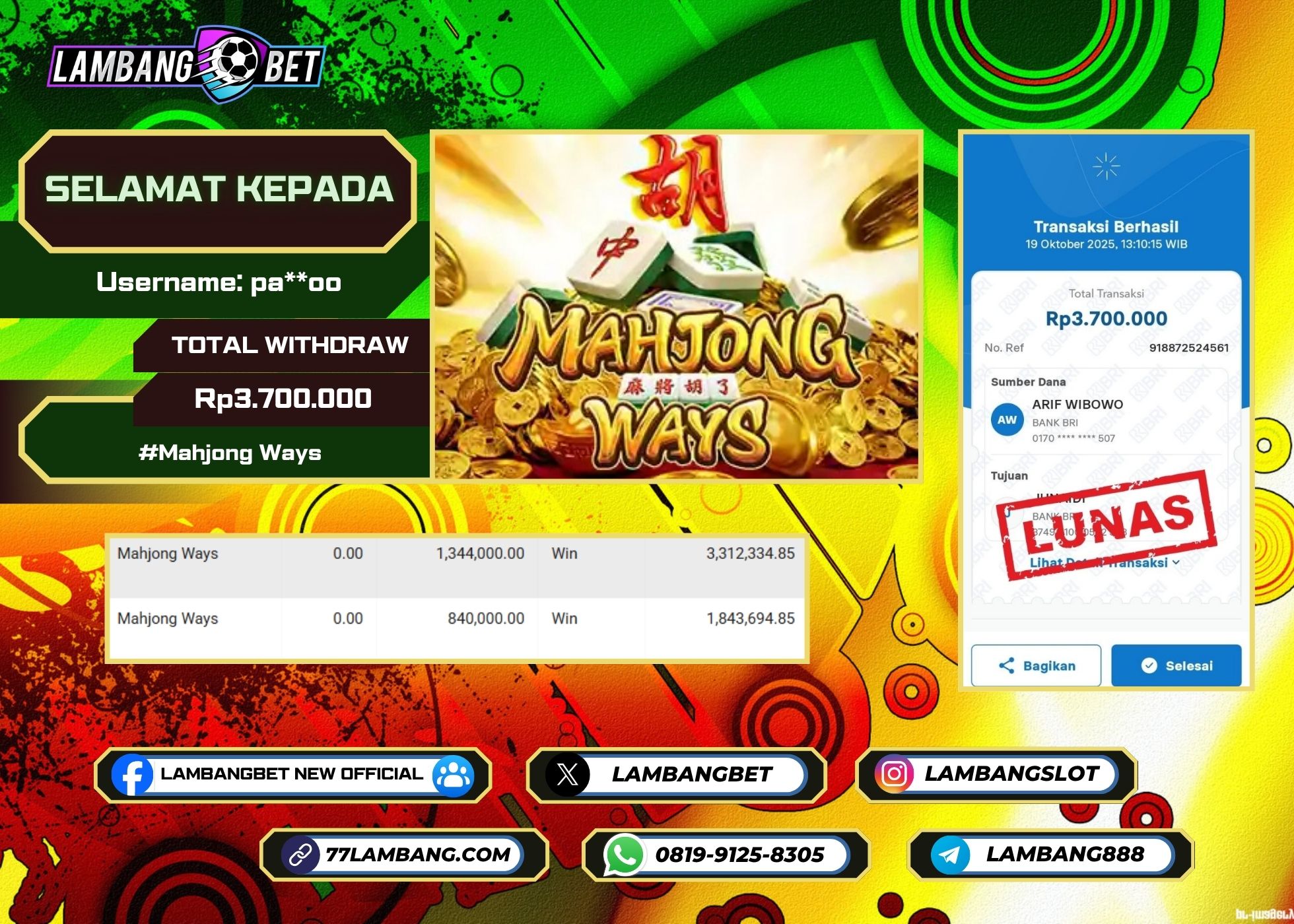 LAMBANGBET [19 OKTOBER 2025] JACKPOT SLOT Mahjong Ways "Rp3.700.000" LUNAS